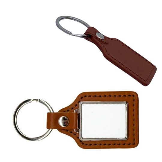 Keyring Brown Leather with Metal Square