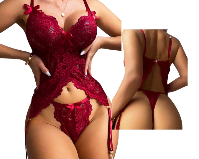 Embrace Passion in Burgundy Floral Lace Bow Front Garter Lingerie Set