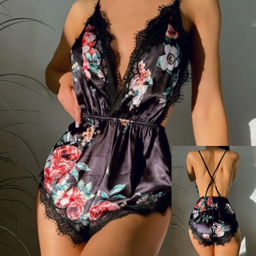 Floral Print Lace Trim Satin Teddy Bodysuit